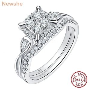 she Exclusive Bridal Set for Women 2 Pcs Solid 925 Sterling Silver Wedding Rings Halo Round Cut Clustered 5A CZ Fine Jewelry 240514