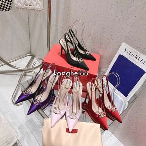 Luxury Designer Dress Shoes Women Genuine Leather Solid Color Stiletto Sandals Pointed Metal Buckle Slingback Black White Pink Heels 9cm Party Shoes With Box