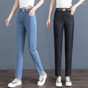 Kvinnors jeans uppgraderar silke mode kvinnokläder cool sommar löst passande smal rakben hög midja