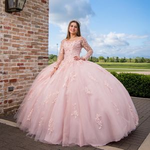 Pink Long Sleeved Quinceanera Dresses Applique Lace Beads Tulle Off The Shouder Ball Gown Birthday Party Dress Vestidos De 15