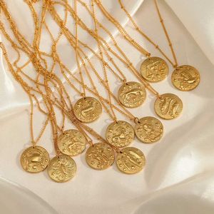 Colares pendentes 12 signos do zodíaco colar de aço inoxidável Adequado para mulheres amuletas de ouro vintage pendente de moeda redonda banhada a ouro da moda Kravik Chain D240522