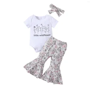 Giyim Setleri Sevimli Toddler Bebek Kızlar Çiçek Kıyafetleri Günlük Kısa Kollu Romper Flare Pants Head Band 3pcs Yaz Bebek Takımları