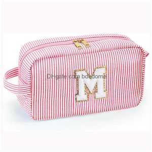 Storage Bags Cute Initial Waterproof Pink Women Girls Travel Cosmetic Toiletry Bag Makeup Pouch With Chenille Letter Drop Delivery Ot3Hb