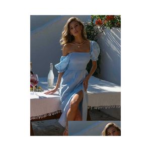 Basic Casual Dresses Women Fashion Square Collar Summer Long Dress Chic Short Puff Sleeve Pleated Maxi Beach Vacation Outfits Clothes Dhkjt