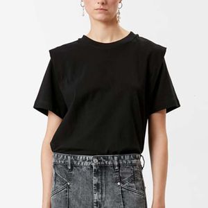 French 24SS Designer T-shirt för kvinnor sommar Ny casual mode Personlig axel stoppning rund hals solid topp kvinnor mångsidig lös kortärmad t-shirt