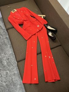 2024 Autumn Red Solid Color Two Piece Pants Sets Long Sleeve Notched-Lapel Single-Breasted Blazers Top + Flare Trousers Pants Set Two Piece Suits O4W212598