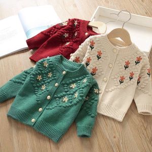 Girls' Autumn Sweet Flower Children Sweaters Embroidery Knitted Cardigan Warm Kids Outerwear Korean Baby Girl Clothes L2405