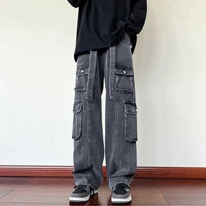 Calças masculinas 2024 New Mens Cargo Jeans Wide Pontas de pernas largas Pockets de bolso de bolso Jeans de jeans Hip hop