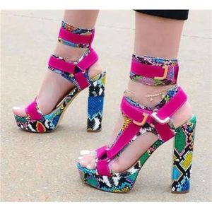 Fashion Women New Open Toe Suede Leather Platform Chunky Ankle Wrap Buckles Snake Thick High Heel Sand efb