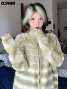 Women's Knits Vintage Zip Up Cardigan Womens Harajuku Knitted Green Striped Oversized Sweaters Coat 2024 Loose Y2k Aesthetic Grunge Jackets