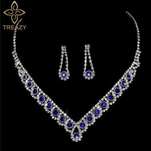 Zestawy biżuterii ślubnej Treazy Blue Crystal Bridal Rhinestone Entrose Choker Naszyjnik Kobiety Wedding 240511