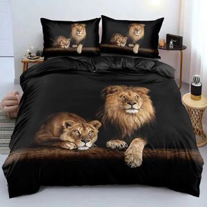 Sängkläder sätter svart lejon täcke täcker djur sängblad 3 stycke set singel dubbel king drottning full storlek 1 täcke 2 fall h240521 gu7l