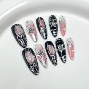 10pcs gradient błyszczące ręcznie robione prasa na paznokciach migdałowe fałszywe paznokcie pełna pokrywa metalowy projekt motyla manicure