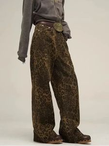 Tan Leopard Jeans Women Denim Pants Female Oversize Wide Leg Trousers Streetwear Hip Hop Vintage Clothes Loose Casual 240514