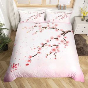 Bedding Sets Japanese Duvet Capa Conjunto de Sakura Flores da Árvore Cherry Blossoms Spring Tema Art Decor 3 Piece com 2 shams H240521 GSFG