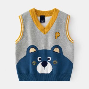 2-8t småbarn Kid Baby Boys Tank Winter Pullover Top Knit Clothes Sleeveless Bear Print Spädbarnströja Vest Knitwear L2405