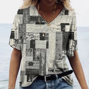 Vintage Plaid Print Womens Tshirt 2023 Blus Summer Vneck Casual Short Sleeve Tees Kvinnliga överdimensionerade toppar Dagliga kläder 240513