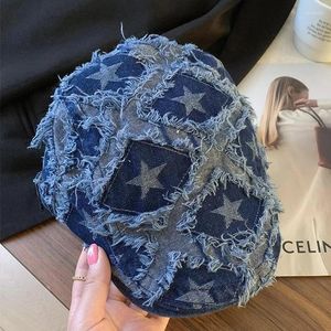 Berets Adult Retro вымытый y2k культура резания звезд Beret Vintage Denim Blue Big Head Spicy Girl Sboy Hat