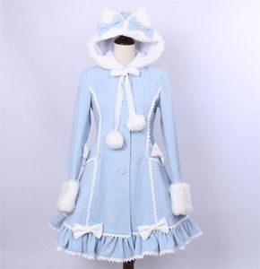 Women039s Kış tek göğüslü ceket güzel kedi kulağı lolita kapşonlu açık mavi sahte kürk, kız için 2011034831437