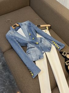 2024 Herbst Blue Solid Color Denim Blazers Langarm-Geknopf-Räume-Knöpfe doppelte Outwear-Outwear-Schichten O4W202255 Plus Size XXXXLL