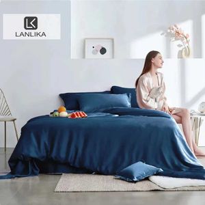 Bedding sets Lanlika Noble Deep Blue 100% Silk Bedding Set Double Large Healthy Down Duvet Cover Flat Sheet Linen Bedding SetQ240521