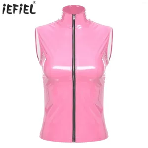 Women's Tanks Womens Patent Leather Camis Tops Zipper Sleeveless Jacket Stand Collar Vest Wet Look Clubwear Pole Dance Rave Outfit