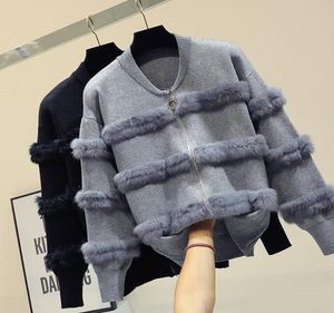 Chic Rabbit Fur Patchwork varm stickad jacka tröja för kvinnors dragkedja designtröjor Cardigan Ny elegant kvinnlig stickrock 207099520