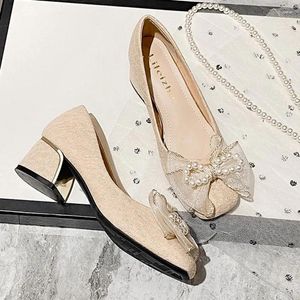 Dress Shoes Women 5cm High Heels Sweet Bridal Pumps Female Fashion Pearl Butterfly Knots Square Lady Luxury Toe Wedding