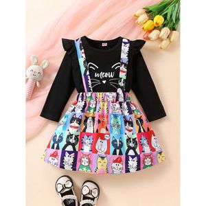 Bahar Sonbahar Kızlar Çocuk Giyim Kıyafetleri Yürümeye Başlayan Kıyafetler Uzun Kollu Keden Baskı T-Shirt Kayışı Etek 2 PCS Setleri L2405