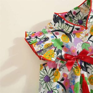 2023 Baby Girl's Dress New Summer Contrast Daisy Print Bow Cotton Tyg Chinese Style Qipao AC3D28