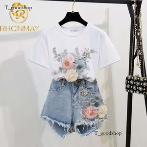 2021 Summer Kobiety 2-częściowe zestawy haftowe 3D Flower T-Shirt + Denim Shorts