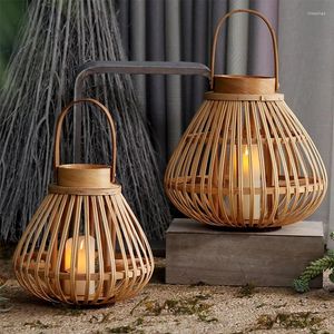 Świece ręcznie robione okrągłe drewniane bambusowe latarnię w małych i dużych dwóch rozmiarach dekoracje ogrodu domowego naturalny pusty uchwyt