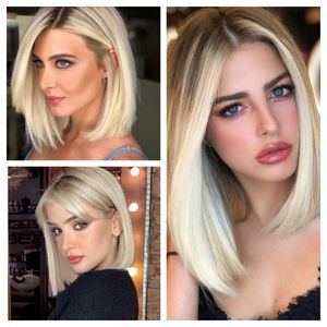 Brazilian Straight Short Shoulder Length Split 13 X4 T shaped Lace Front Human Hair Wig Blonde Bob Wigs Full Head Cover Gradient Gold