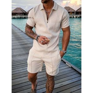 designer t shirt polo shirt Men's New Casual Contrast POLO Zipper Polo Short Sleeve Set