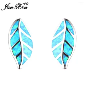 Studörhängen Junxin Leaf Design Blue Fire Opal Earring Female Silver Color Double Sided For Women