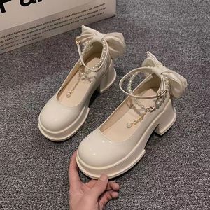 Single shoe women's 2024 spring new fashionable thick heel thick sole anti slip bow pearl casual shoes