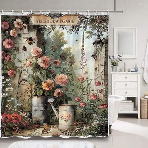 Shower Curtains Vintage Floral Curtain Rustic Country Farm Botanical Flower Bee Polyester Fabric Bathroom Decor With Hooks