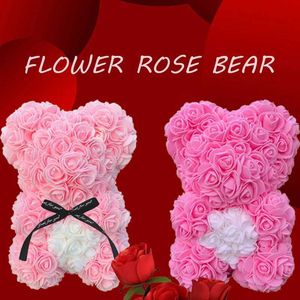 Action Toy Figures 25cm rose teddy bear heart-shaped artificial flower as a gift for womens Valentines Day wedding birthday and Christmas H240522