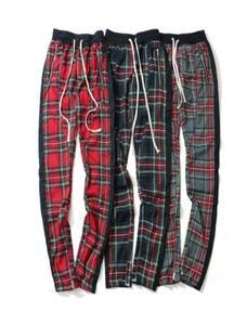 Side Stripe Patchwork Elastic Waist Plaid Pants Men High Street Leg Opening Zipper Men039s Pants Full Length1634738