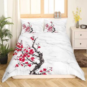 Bedding conjuntos de capa de edredão japonesa Conjunto de sakura Flores da árvore Cherry Blossoms Spring Tema Art Decor 3 Piece com 2 shams H240521 VH13