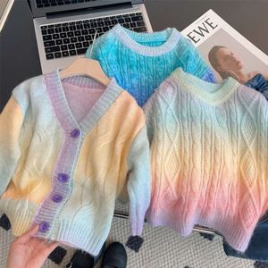 Cute Girls Gradient Rainbow Autumn Winter Long Sleeve Colorful Knitted Sweater Cardigan 1-8Years Children Loose Knitwear L2405