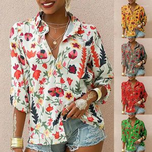 Женский поло в винтажном цветочном печатном рубашке для блузки Женщины весна летняя пуговица 2024 Мода выключить воротни
