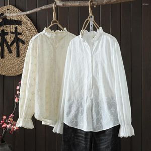 Women's Blouses Cotton White Japan Style Bohemian Stand Collar Long Sleeve Embroidery Shirts Boho Clothing Plus Size Spring Tops