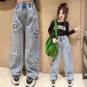 Ny mode tonåring denim breda ben byxor barn byxor våren höststjärna mönster flickor jeans 5-14 år barn kläder l2405