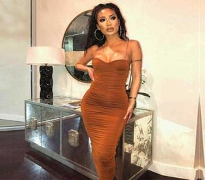 Kobiety bodycon sukienka długą plisowaną seksowną sukienkę nocną nocną Brown Midi Party Summer Ubrania Sling Vestidos Largos de Fiesta de Noche 211736530