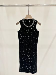 428 2024 Milan Runway Dress Summer Sleeveless Beads Crew Neck Black Dresses Womens Dress Fashion High quality shun