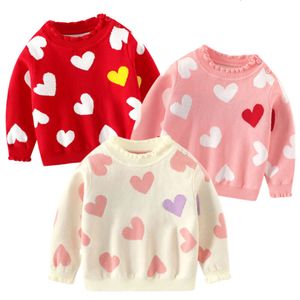 2024 Barnkläder flickor tröja valentins dag hjärtmönster jumper toppar höst vinter stickade tröjor flicka pullover l2405