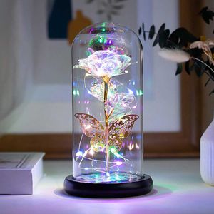 Decorative Objects Figurines Artificial Milky Way Rose Light with Butterfly and Colored LED Glass Battery Powered Wedding Gift for Mothers Day Valentines H240521