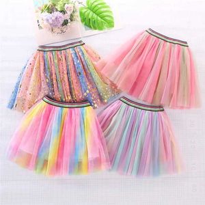 Skirts Childrens Rainbow Mesh tutu Skirt for Girls Clothing Princess Kids Birthday Princess Show Dance Waist Skirt Y240522