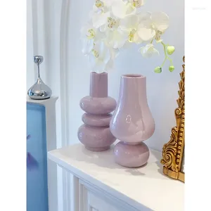 Vases TingKe French Style Taro Purple Circle Shape Ceramic Vase Creative Pale Pink Gourd-shaped Matte Texture Decoration